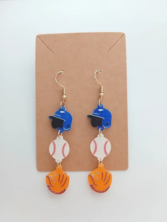 Fashion Jewelry Blue Helmet, White Baseball & Orange Glove Dangle Earrings - Picture 1 of 3